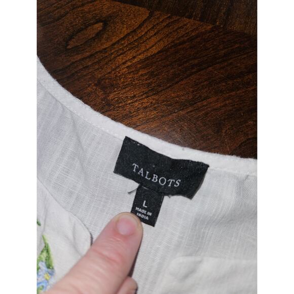 TALBOTS Top Womens Large White Linen Blend Embroidered Lemon Floral Popover Sz L - Picture 3 of 8